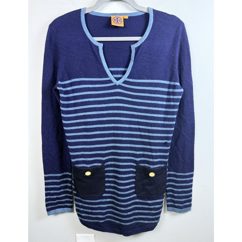 Tory Burch Tunic Sweater Womens S Wool Cashmere Blue Green Stripe Pockets VNeck